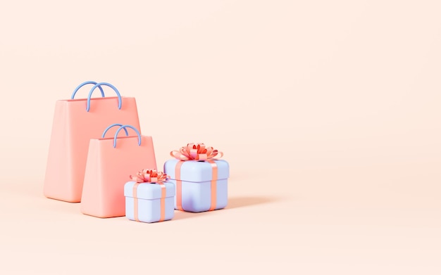 Bolsas de compras y regalos en el renderizado 3d de fondo amarillo