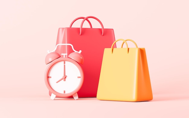 Bolsas de compras y reloj concepto de promoción por tiempo limitado representación 3d