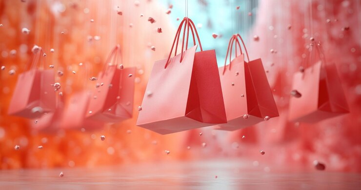 Bolsas de compras rojas en un entorno festivo
