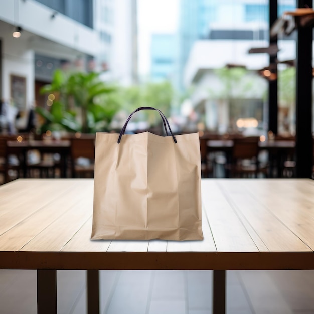 Bolsas de compras sobre tabla de madera con un centro comercial borroso al fondo Ai generativo