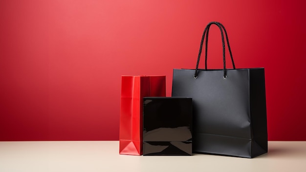 Bolsas de compras sobre un vibrante fondo rojo y blanco Perfectas para la temporada navideña Creado con tecnología de IA generativa