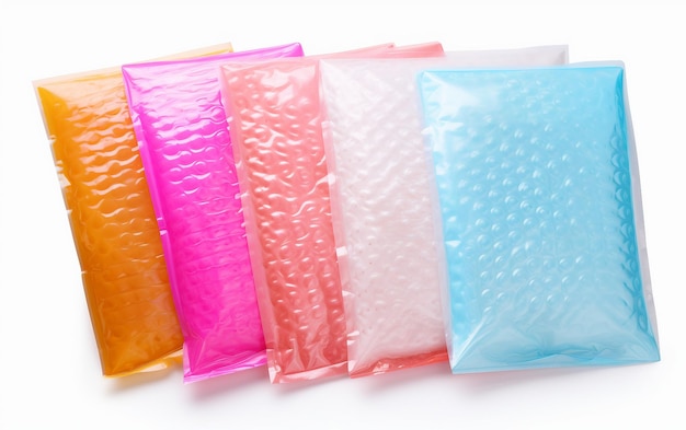 Bolsas de correo hechas de plástico aisladas sobre un fondo transparente