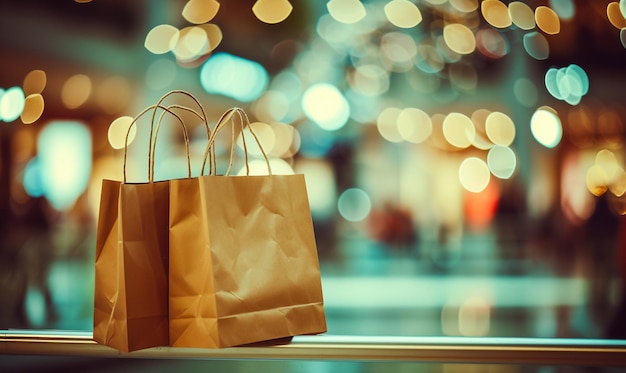 Bolsas de compras castanhas no chão na frente da loja do shopping à noite, banner de varejo de negócios e conceito de sinalização