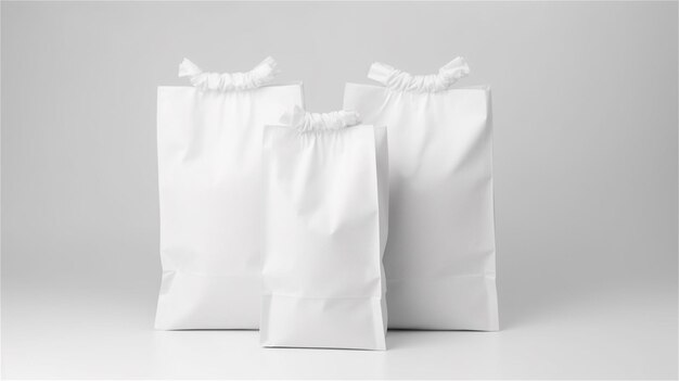 Foto bolsas de compras de papel branco isoladas em fundo cinza renderização 3d