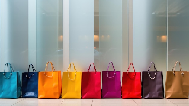 Foto bolsas de compras vibrantes contra um cenário de shopping suave