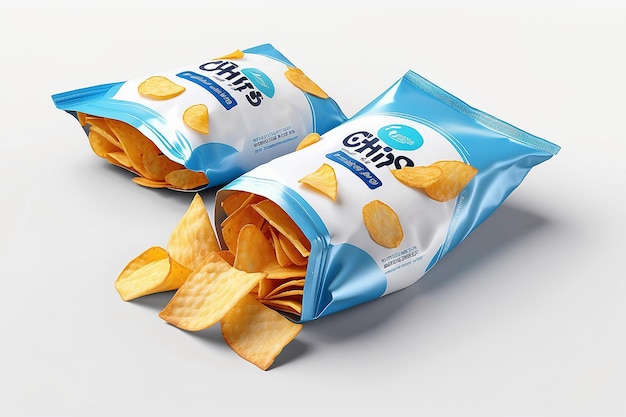 Bolsas de folha de design de embalagem de batatas fritas isoladas em fundo branco em ilustração 3D