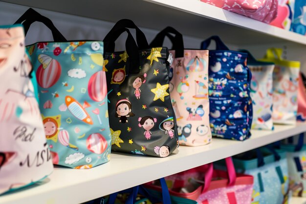 Bolsas de praia de tamanho infantil com estampas de desenhos animados em prateleiras baixas