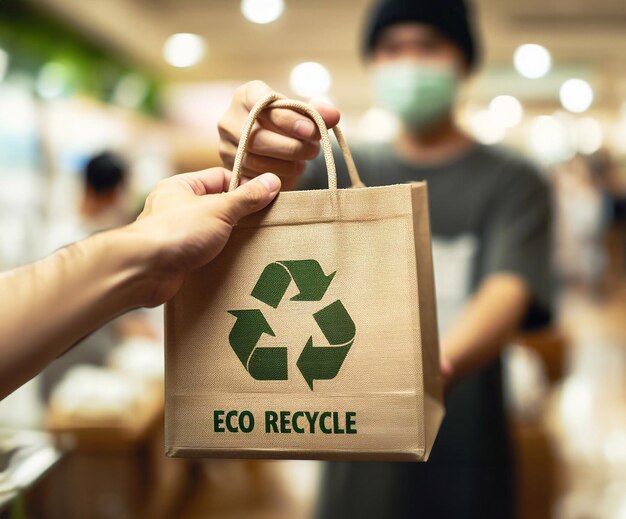 Bolsas de reciclagem ecológicas Comerciantes entregam aos clientes Conceito de loja ecológica generativa ai arte