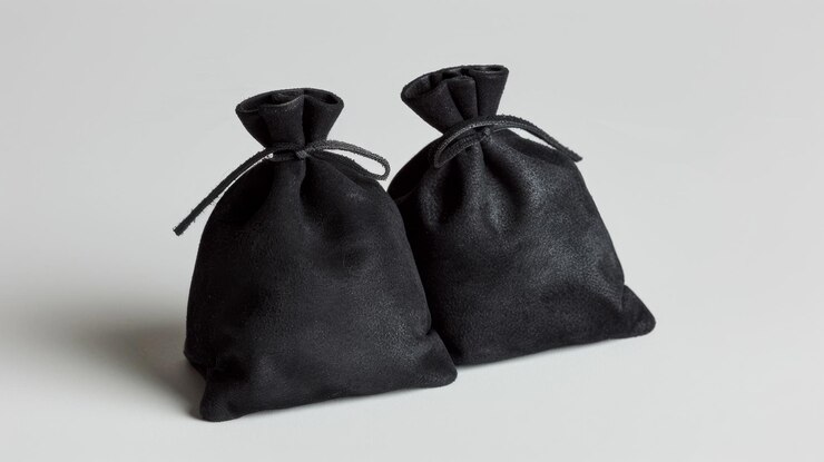 Bolsas de veludo preto em fundo branco