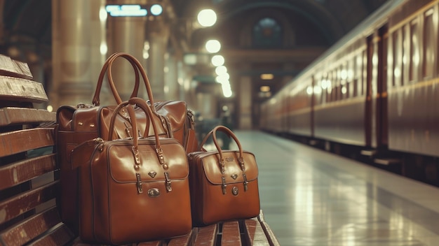 Bolsas de viagem sofisticadas de couro na antiga estação ferroviária