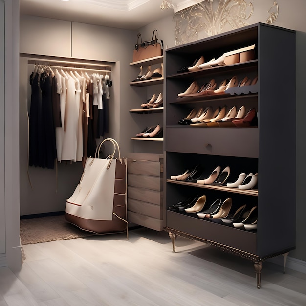 Bolsas e sapatos luxuosos no armário feminino