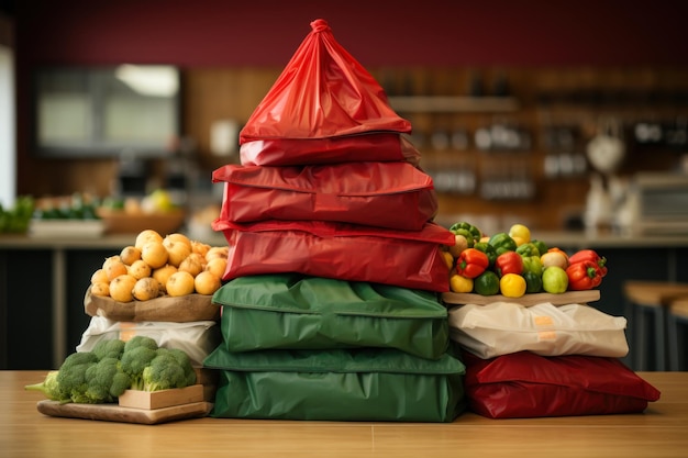 Bolsas ecológicas con comestibles en la mesa