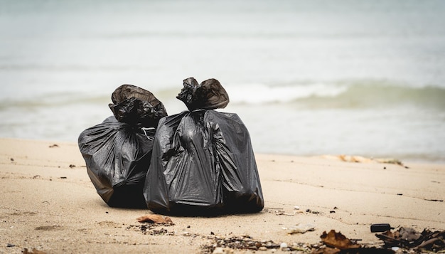 Bolsas grandes con plástico recogido y otros residuos en la playa