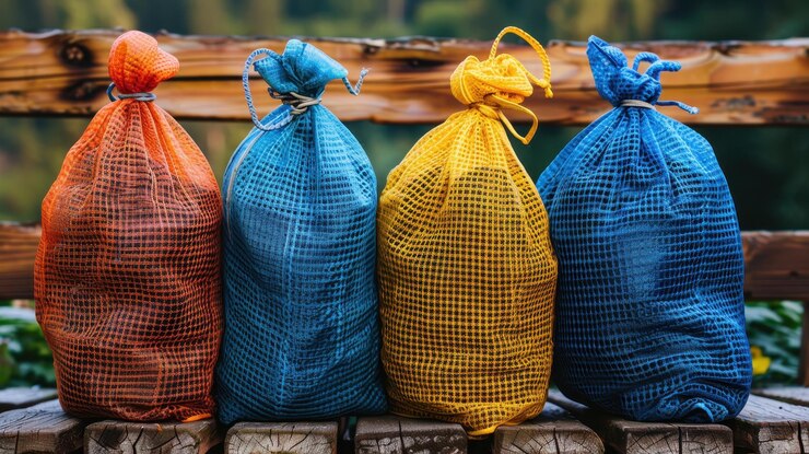 Bolsas de malla de colores llenas de equipos para el aire libre dispuestas en una superficie de madera