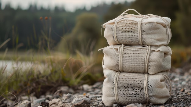 Bolsas de malla ecológicas apiladas llenas de artículos colocadas al aire libre en un terreno rocoso