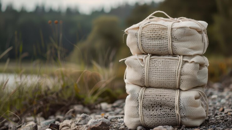 Bolsas de malla ecológicas apiladas llenas de artículos colocadas al aire libre en un terreno rocoso