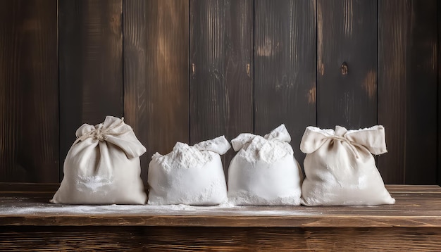 Bolsas en una mesa de madera llena de harina al estilo industrial.