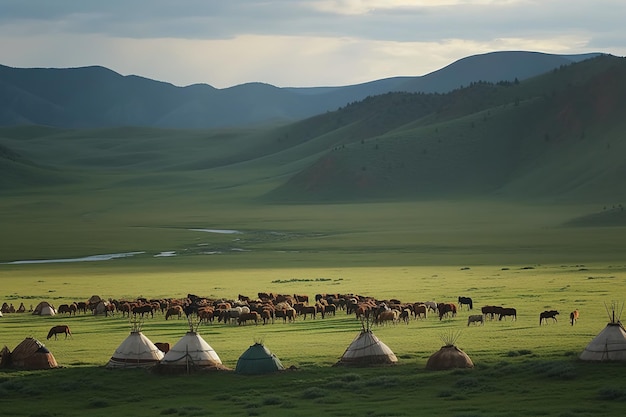 Bolsas de Mongolia y grupos de ovejas y caballos de ganado en los pastizales