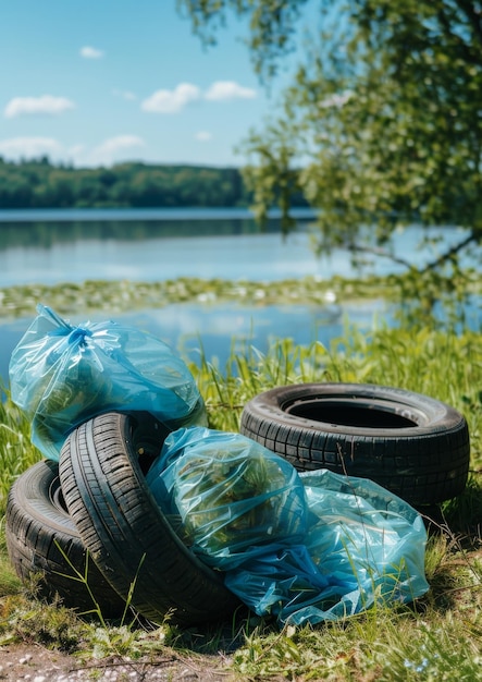 Bolsas y neumáticos arrojados a la hierba por la contaminación del agua de la naturaleza