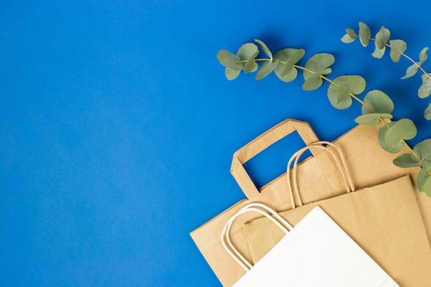 Bolsas de papel blanco y marrón con asas y hojas de eucalipto sobre fondo azul.