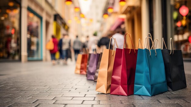 Foto bolsas de papel de compras coloridas en una calle comercial en parís, francia