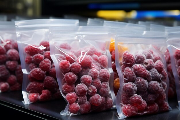 Bolsas de plástico de bayas congeladas exhibidas ordenadamente en un estante frío de supermercados