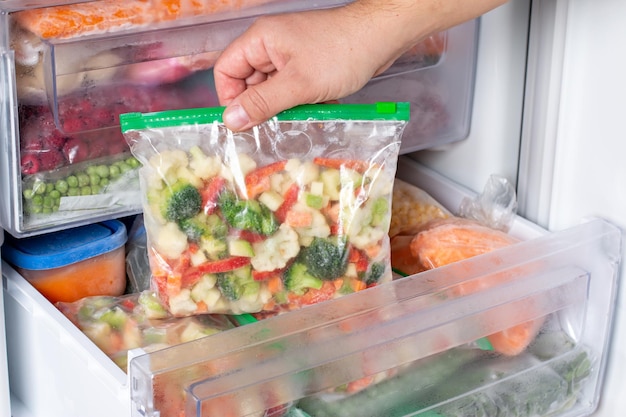 Bolsas de plástico con diferentes verduras congeladas en frigorífico. Almacenamiento de alimentos