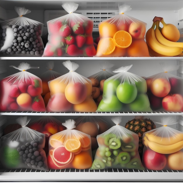 Foto bolsas de plástico con frutas congeladas en estantes blancos en el refrigerador