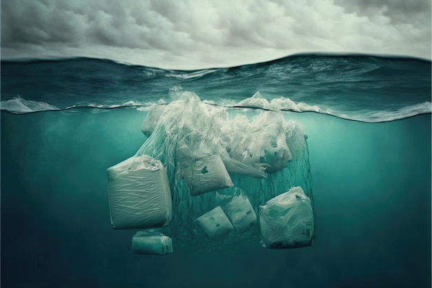 Bolsas de plástico en el mar océano sucio Fabricado por AIInteligencia artificial