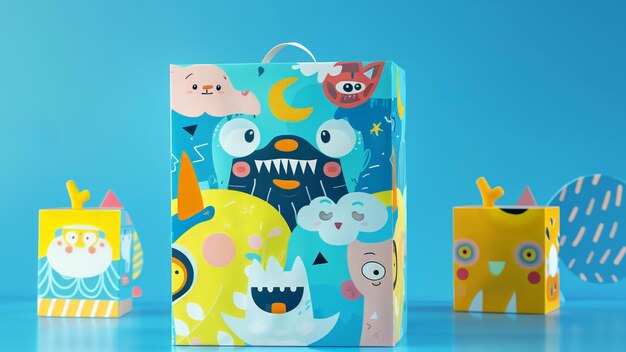 Bolsas de regalos coloridas con temas de monstruos sobre un fondo azul