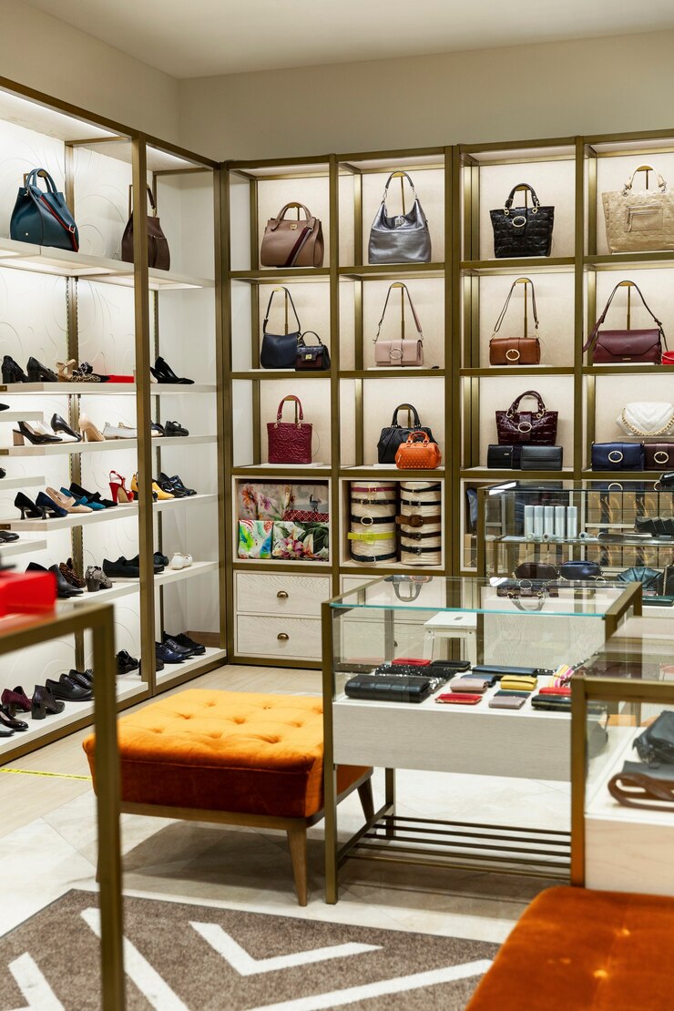 Bolsas, sapatos e acessórios femininos nas prateleiras da loja. Moda moderna e elegante. Vertical.