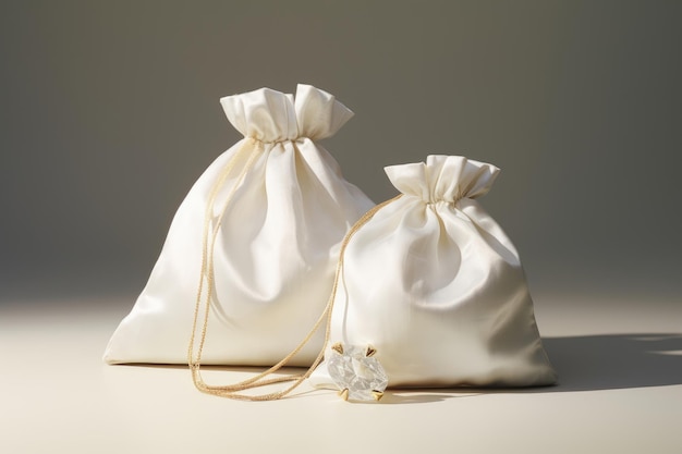 Bolsas de tela de seda blanca y beige con cordones para el almacenamiento de joyas