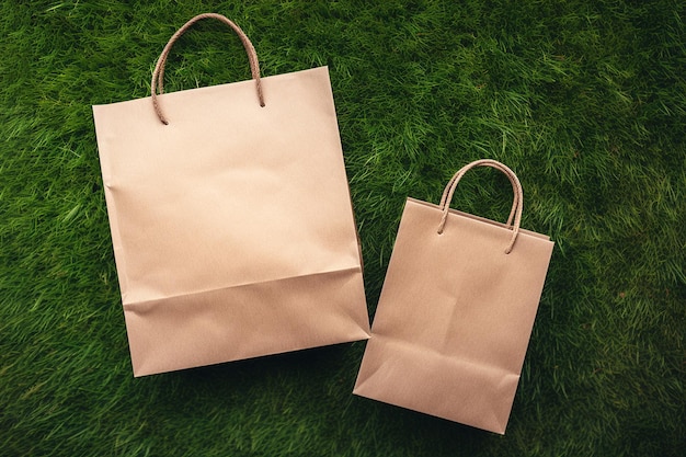 Bolsas de venta de papel kraft sobre hierba verde Viernes verde consumo sostenible sostenibilidad cero residuos y concepto de venta Copiar espacio para texto