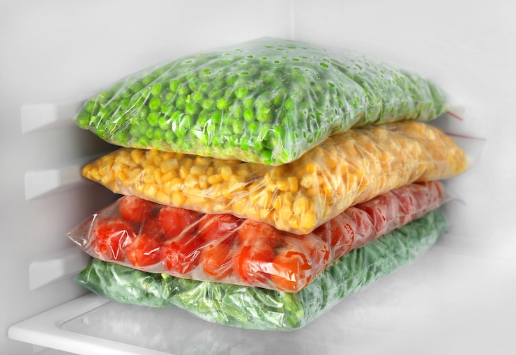 Foto bolsas con verduras congeladas en el refrigerador de cerca