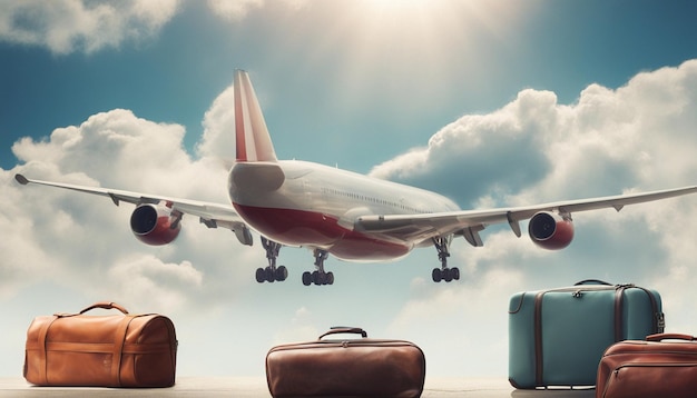 bolsas de viaje y avión en el cielo