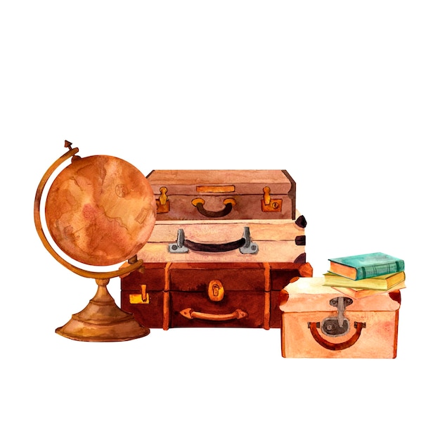 Bolsas de viaje de cuero vintage y composición de globo terrestre antiguo Ilustración de acuarela pintada a mano