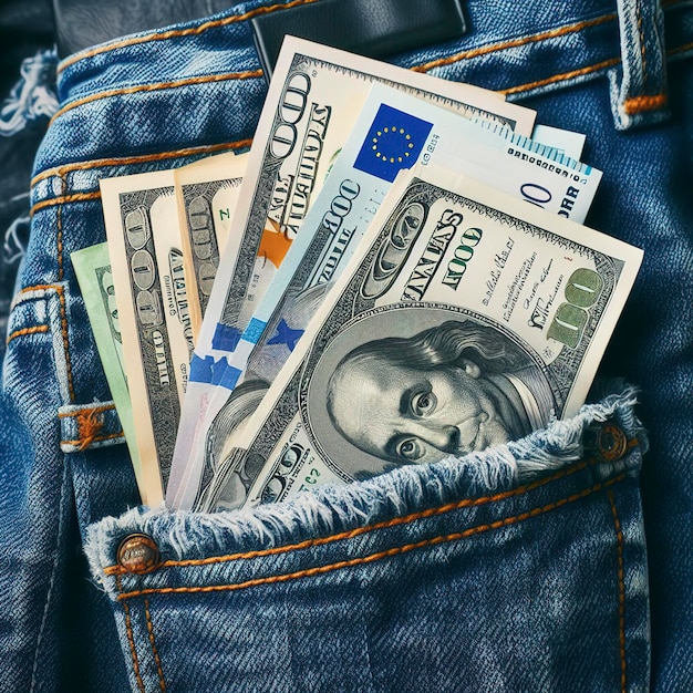 Foto un bolsillo de vaqueros azules con billetes de un dólar