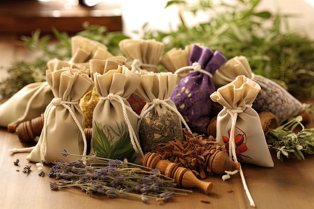 Bolsitas de hierbas en una mesa con una selección de plantas que incluyen lavanda, romero y salvia