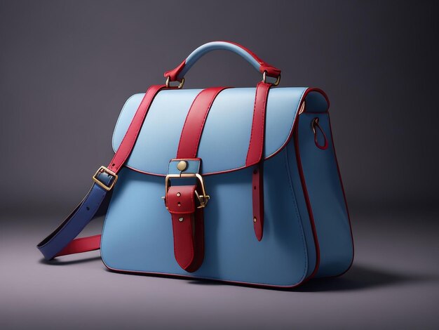 Un bolso azul y rojo con una correa de cuero.