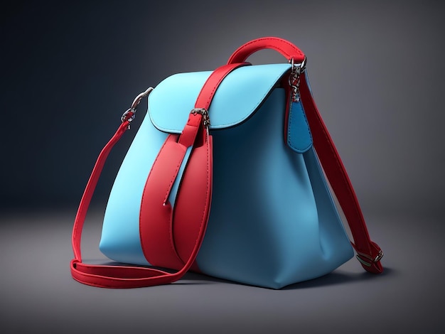 Un bolso azul y rojo con una correa roja.
