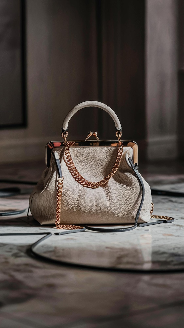 Un bolso blanco con adornos de oro y una cadena de oro