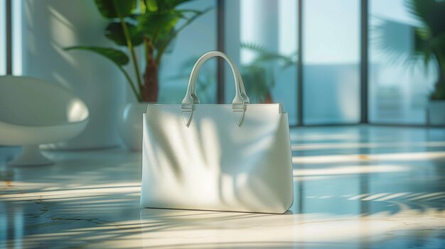 Foto un bolso blanco con una correa de oro se sienta en una mesa frente a una planta