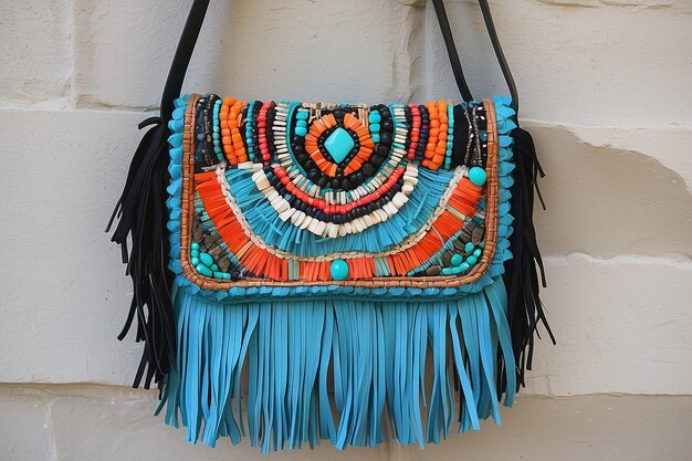 Foto bolso boho crossbody con acentos de franjas y detalles de cuentas