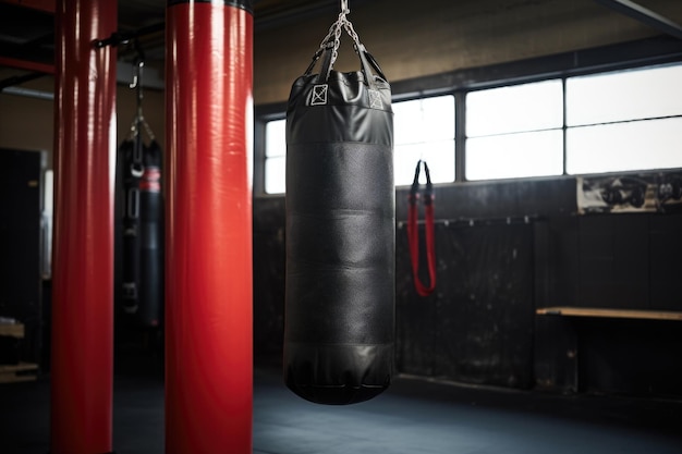 Bolso de boxeo colgado en la esquina de un gimnasio