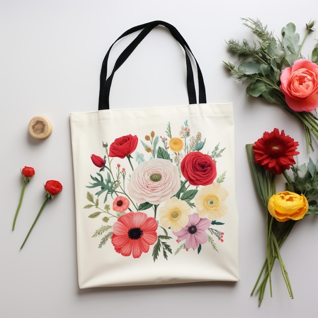 Bolso branco com flores.