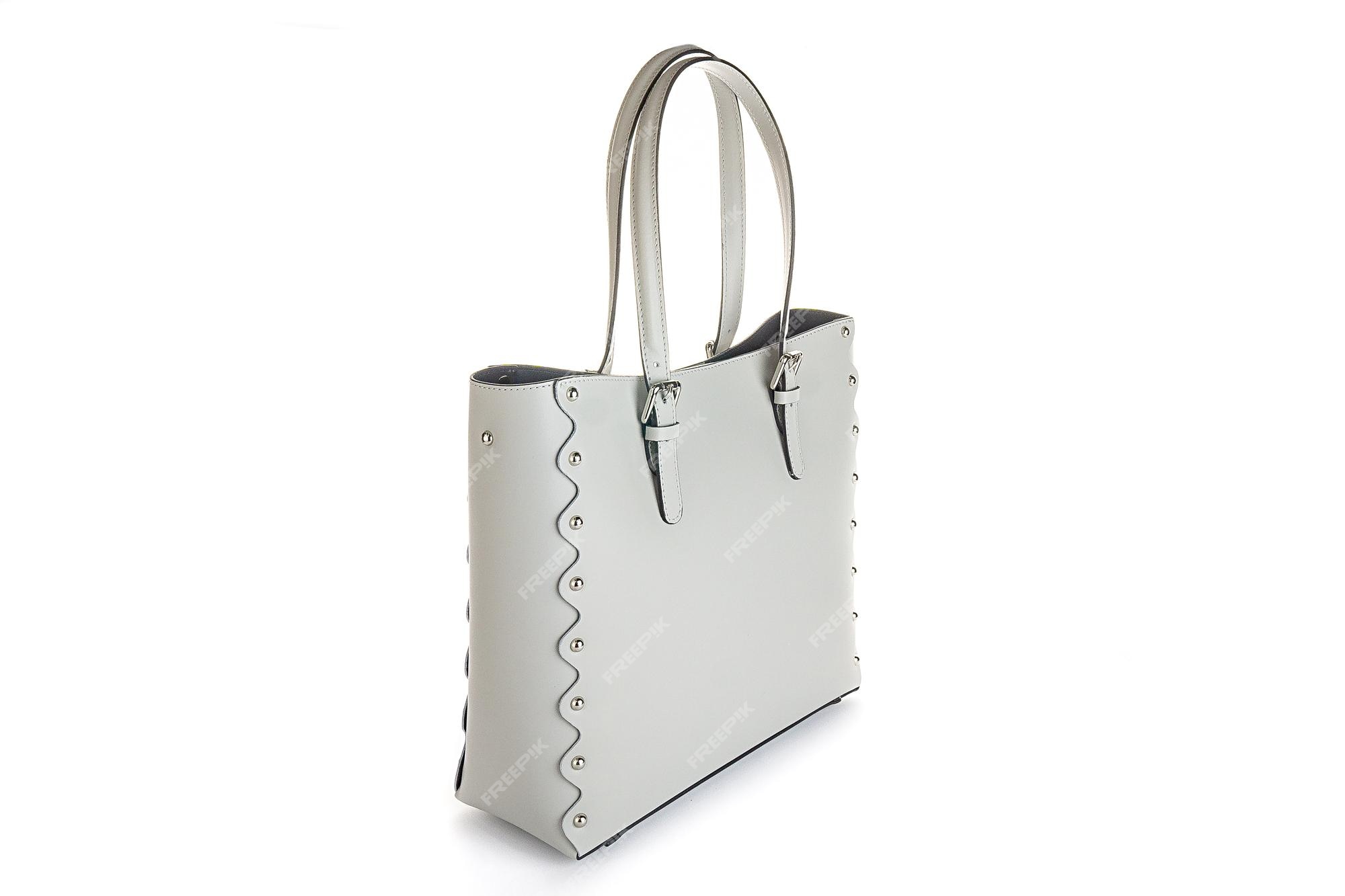 Bolso de cuero gris para mujer aislado sobre fondo blanco vista lateral de genuino de grano completo de lujo bolso de compras para dama bolso de compras con asa superior para