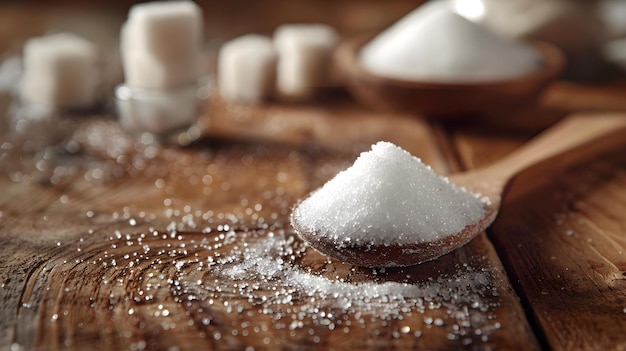 Bolso de açúcar ao lado da colher na mesa pronto para assar conceito de assar açúcar cozinha comida cozinha