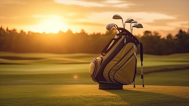 Bolso de clube de golfe para treinamento de golfista e jogo em jogo com fundo de campo de golfe ao pôr do sol Golfer Generative Ai