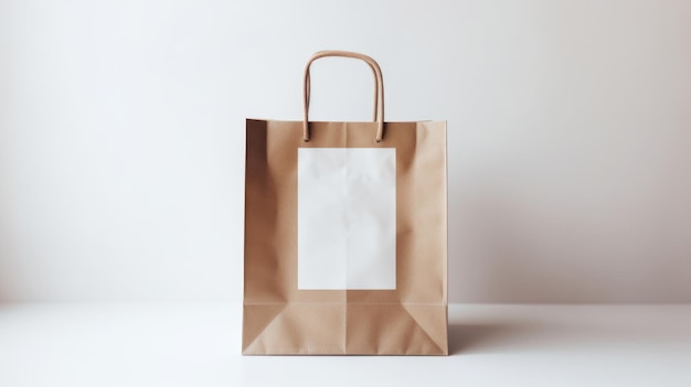 Bolso de compras de papel com um rótulo em branco em uma mesa de madeira contra um fundo branco