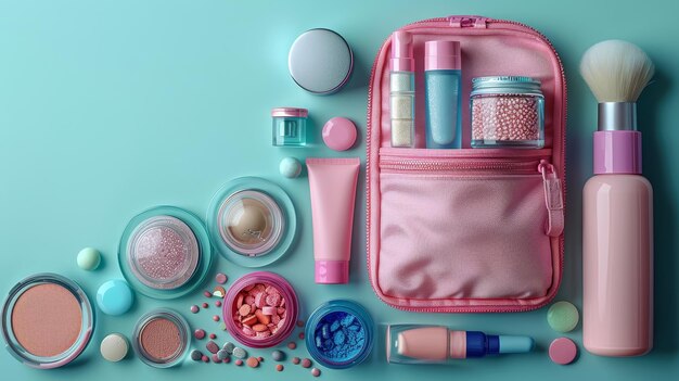 Bolso de maquiagem rosa com produtos de beleza cosméticos derramados em um fundo de cor pastel